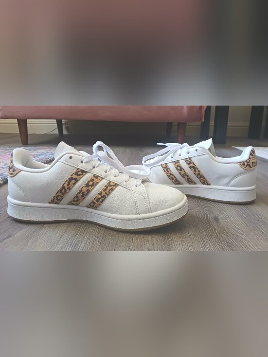 adidas Shoes - adidas White Sneakers with Leopard-Print Stripes, W Size 8.5